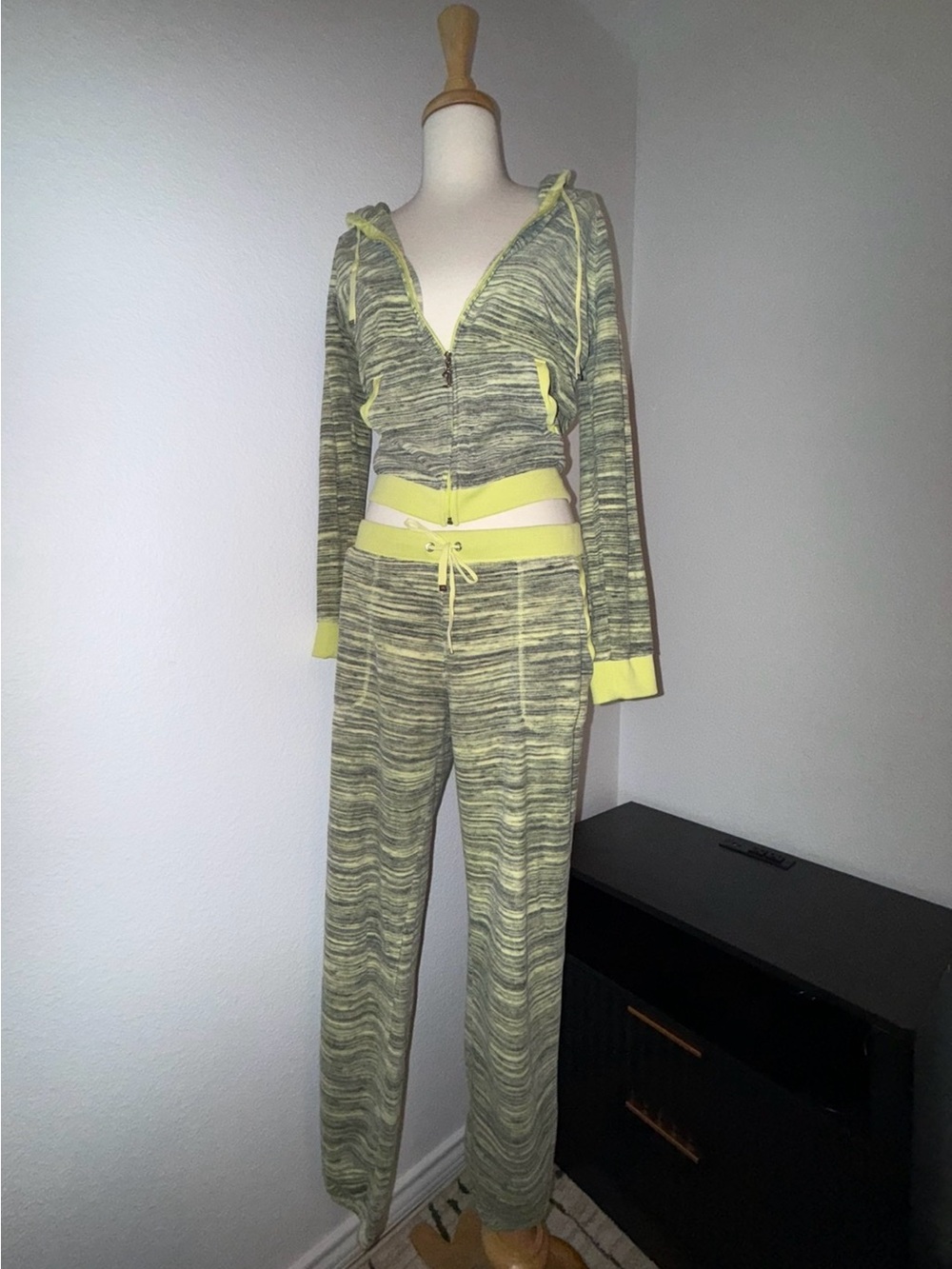Vintage Juicy Couture Tracksuit Set Women’s M Gray Neon Yellow Hoodie Pants Y2K